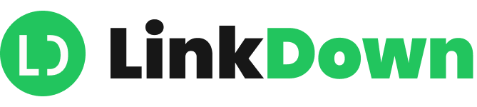 Logo circular verde claro com o LD em cor branca ao centro com o nome Linkdown em negrito ao lado da logo circular verde com a palavra link preto e o down verde claro